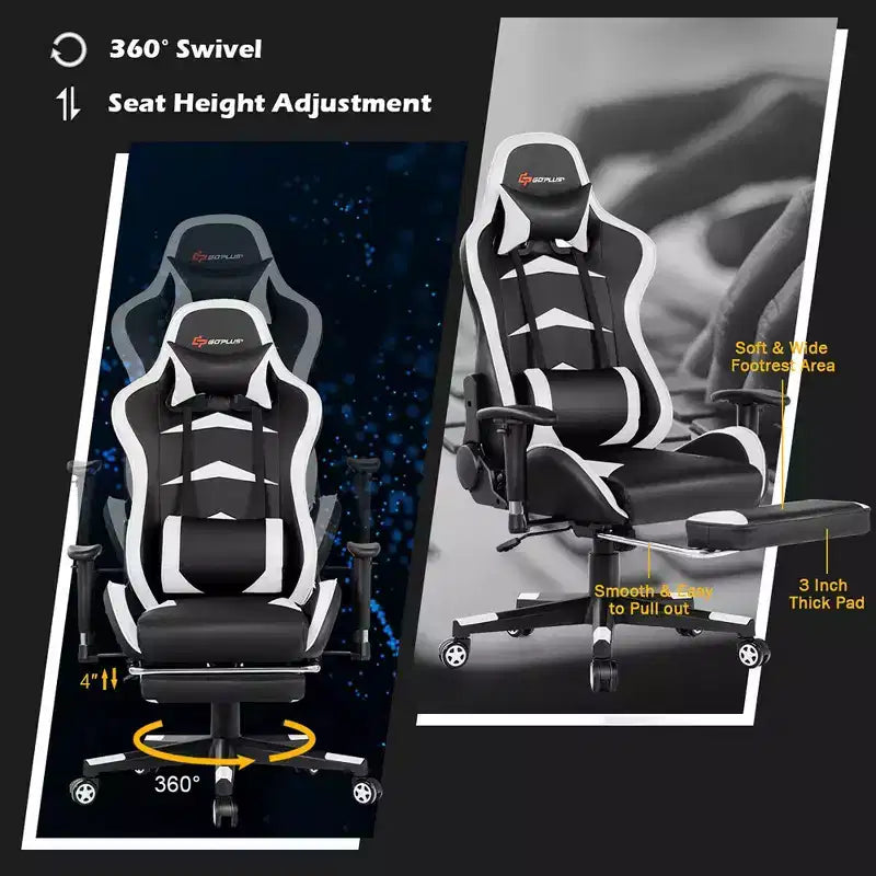 Chaise de bureau de massage gamer inclinable et pivotante Costway Racing avec repose-pieds