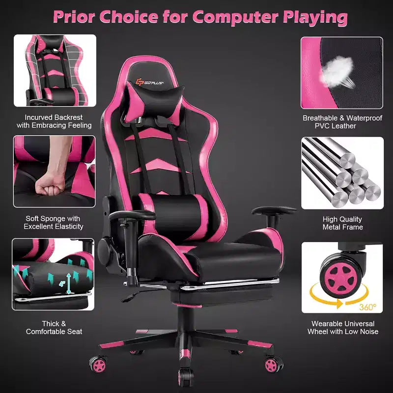 Costway Chaise de bureau gamer inclinable et pivotante avec repose-pieds de massage