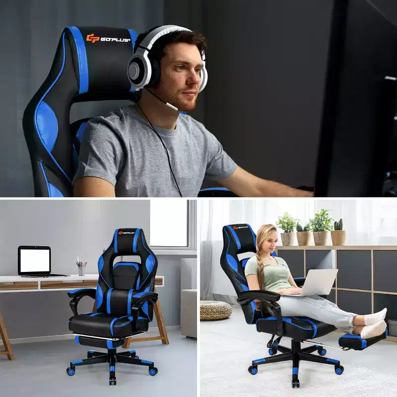 Costway Fauteuil de Massage Gaming Inclinable, Fauteuil de Bureau de Course pour Ordinateur avec Repose-Pieds Blanc/Noir/Bleu/Rouge