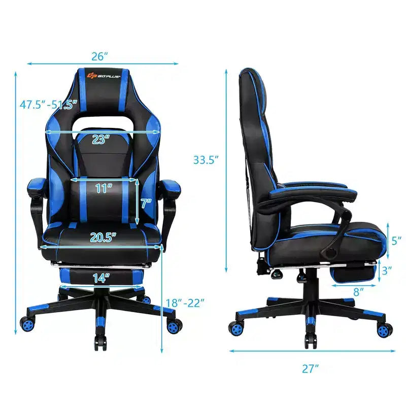 Costway Fauteuil de Massage Gaming Inclinable, Fauteuil de Bureau de Course pour Ordinateur avec Repose-Pieds Blanc/Noir/Bleu/Rouge