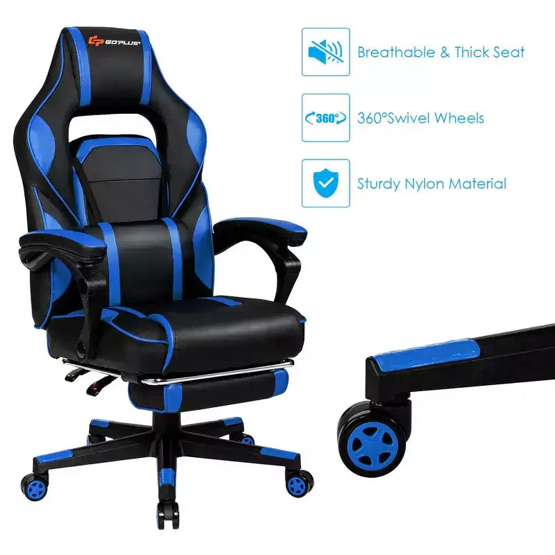 Costway Fauteuil de Massage Gaming Inclinable, Fauteuil de Bureau de Course pour Ordinateur avec Repose-Pieds Blanc/Noir/Bleu/Rouge