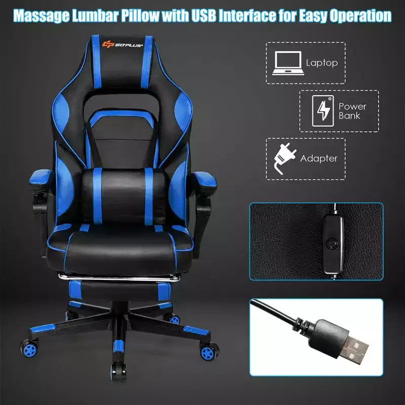 Costway Fauteuil de Massage Gaming Inclinable, Fauteuil de Bureau de Course pour Ordinateur avec Repose-Pieds Blanc/Noir/Bleu/Rouge