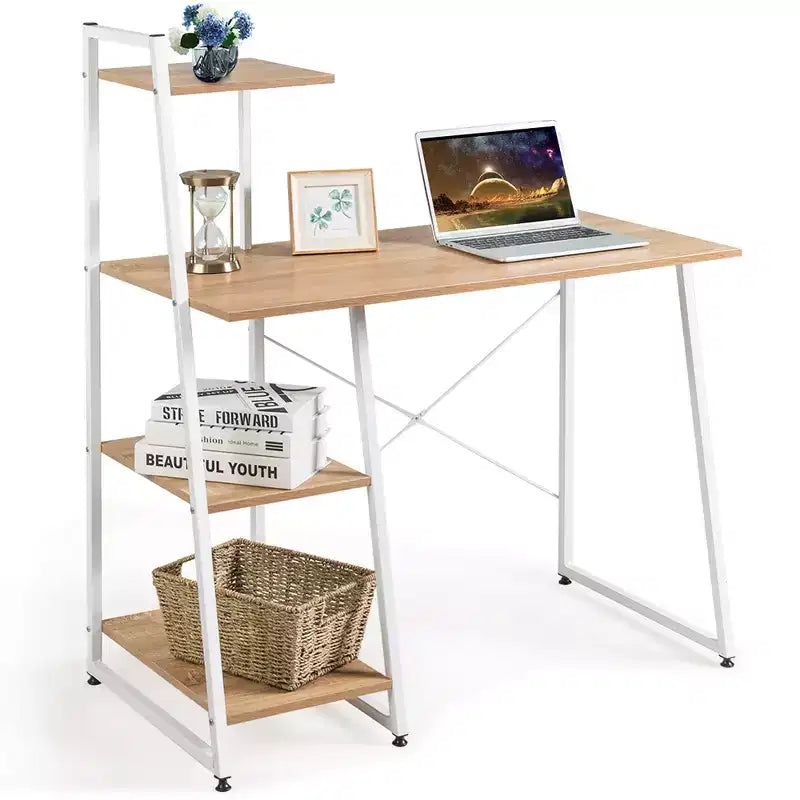 Bureau informatique Costway avec étagères Bureau d'étude avec bibliothèque Naturel/Marron