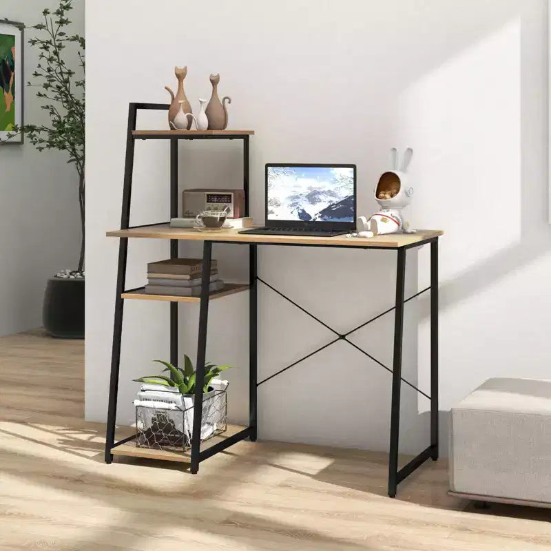 Bureau informatique Costway avec étagères Bureau d'étude avec bibliothèque Naturel/Marron