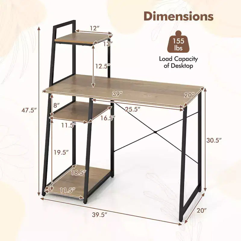 Bureau informatique Costway avec étagères Bureau d'étude avec bibliothèque Naturel/Marron