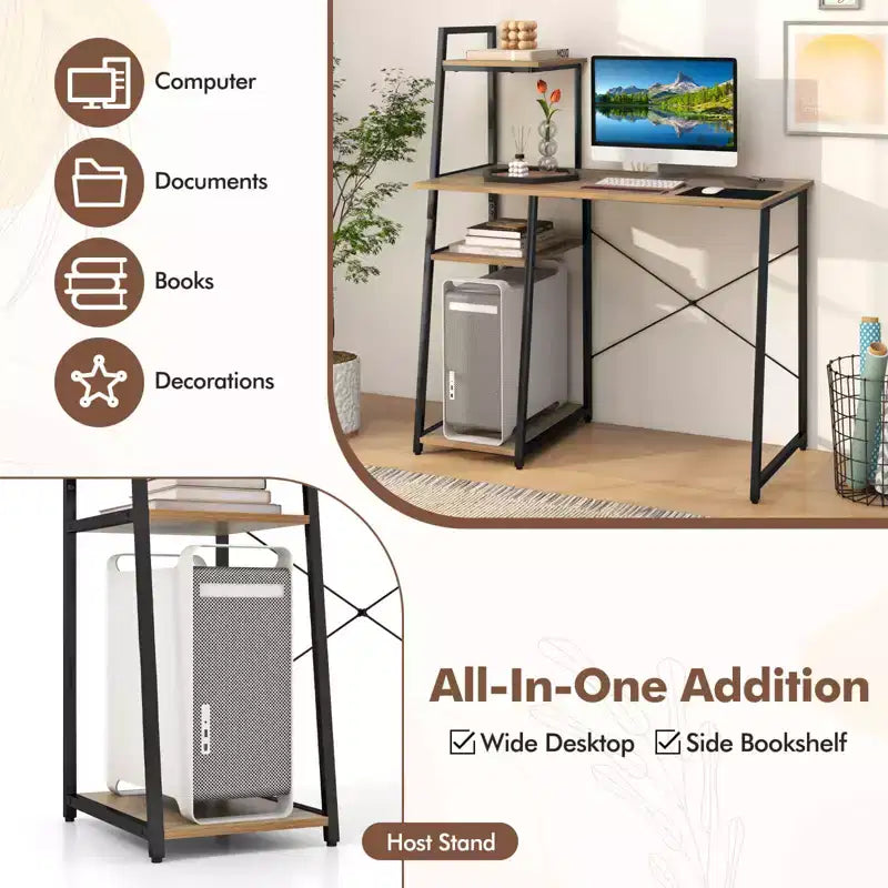 Bureau informatique Costway avec étagères Bureau d'étude avec bibliothèque Naturel/Marron