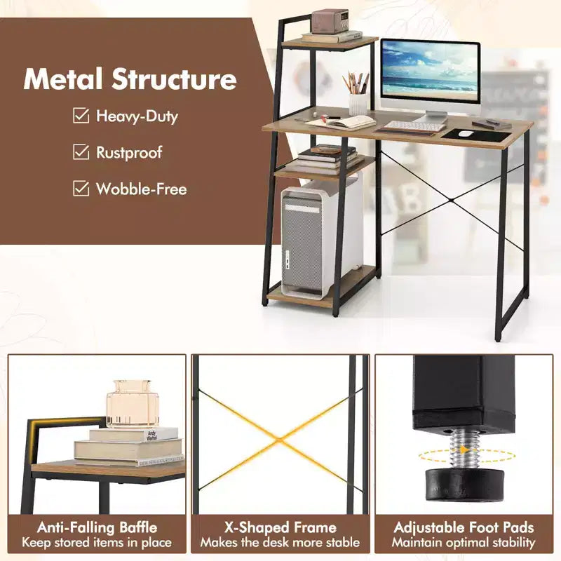 Bureau informatique Costway avec étagères Bureau d'étude avec bibliothèque Naturel/Marron
