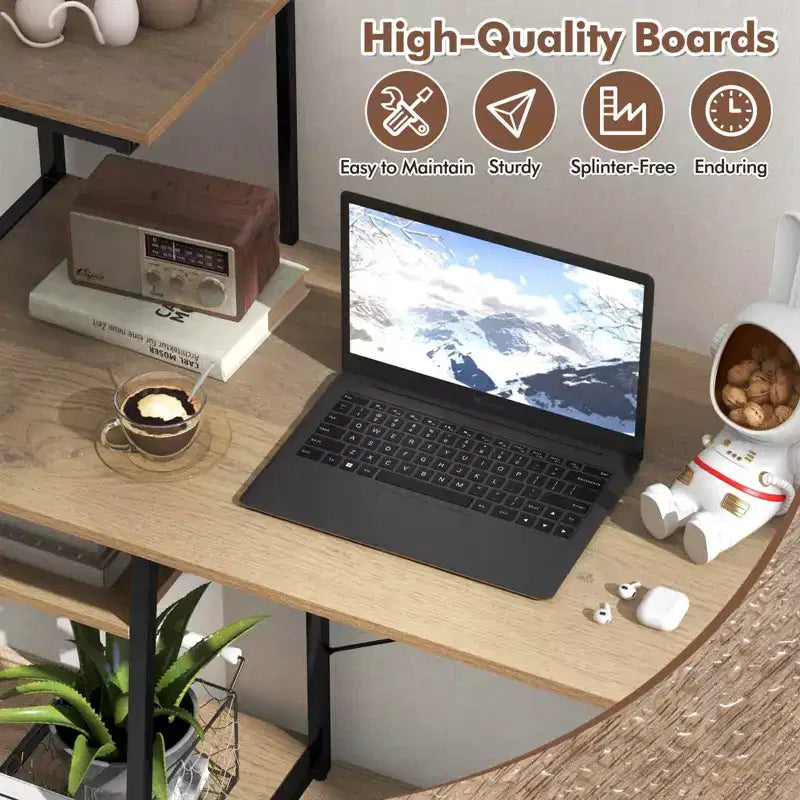 Bureau informatique Costway avec étagères Bureau d'étude avec bibliothèque Naturel/Marron