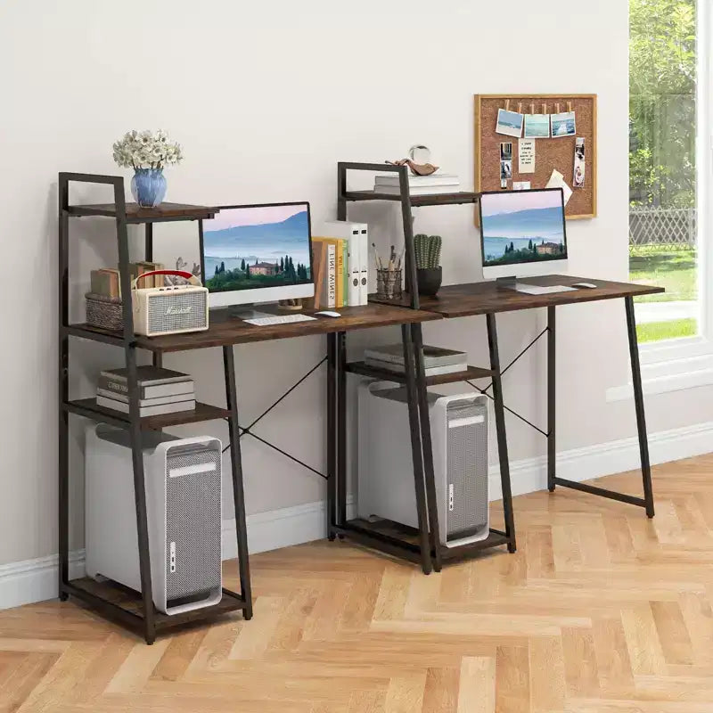 Bureau informatique Costway avec étagères Bureau d'étude avec bibliothèque Naturel/Marron