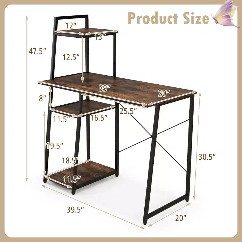Bureau informatique Costway avec étagères Bureau d'étude avec bibliothèque Naturel/Marron