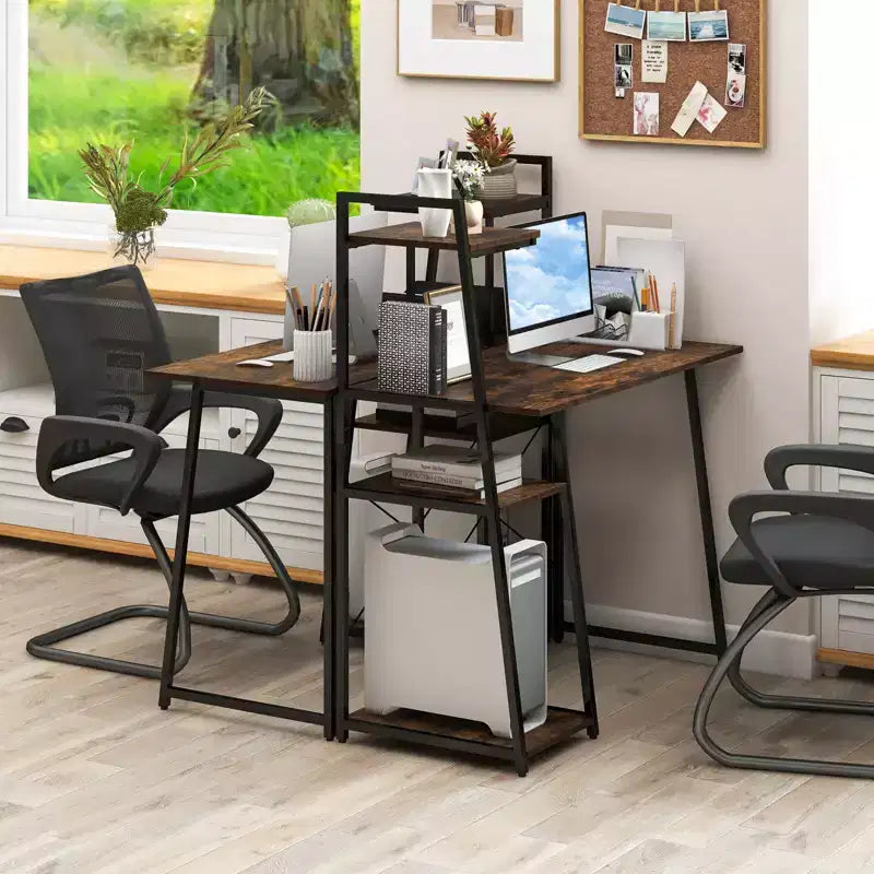 Bureau informatique Costway avec étagères Bureau d'étude avec bibliothèque Naturel/Marron