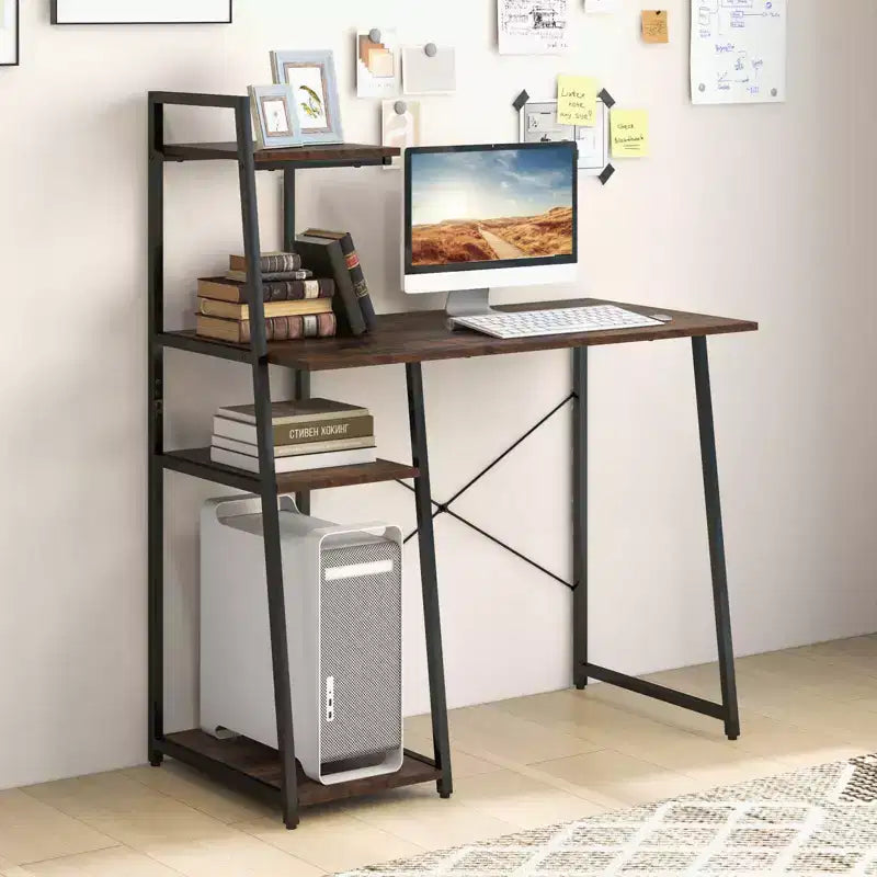 Bureau informatique Costway avec étagères Bureau d'étude avec bibliothèque Naturel/Marron