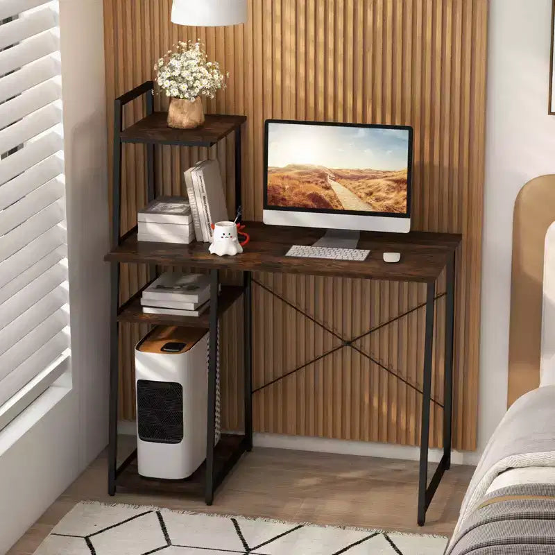 Bureau informatique Costway avec étagères Bureau d'étude avec bibliothèque Naturel/Marron