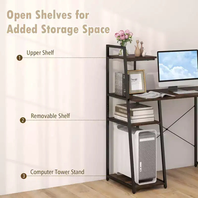 Bureau informatique Costway avec étagères Bureau d'étude avec bibliothèque Naturel/Marron