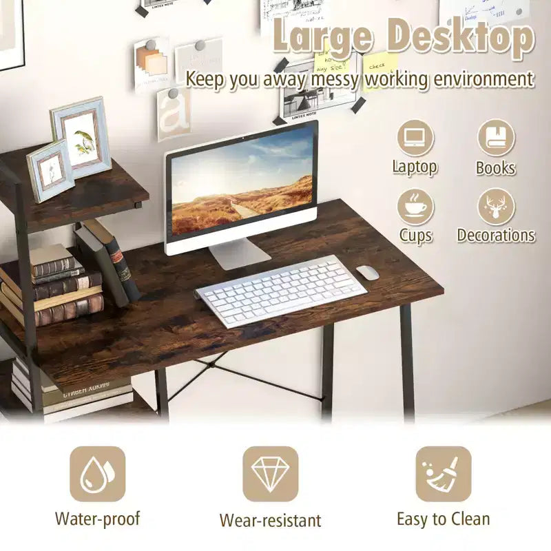 Bureau informatique Costway avec étagères Bureau d'étude avec bibliothèque Naturel/Marron