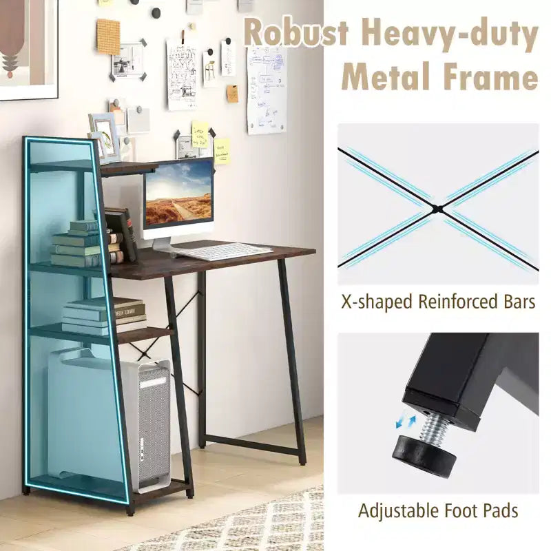 Bureau informatique Costway avec étagères Bureau d'étude avec bibliothèque Naturel/Marron