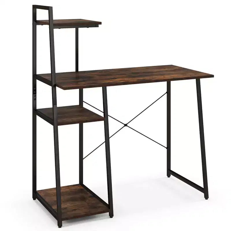 Bureau informatique Costway avec étagères Bureau d'étude avec bibliothèque Naturel/Marron