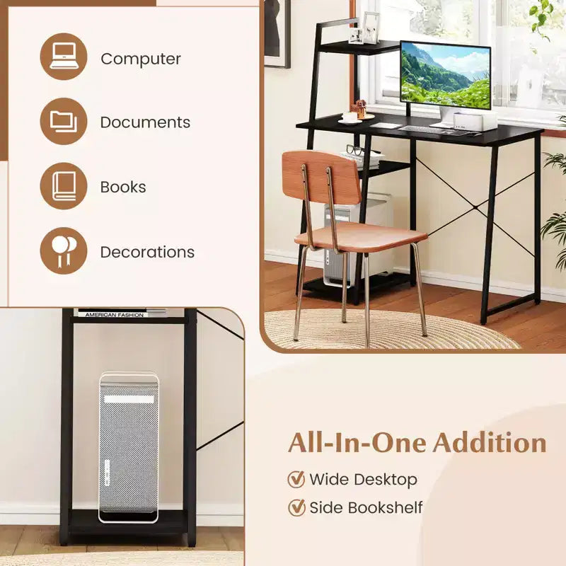 Bureau informatique Costway avec étagères Bureau d'étude avec bibliothèque Naturel/Marron
