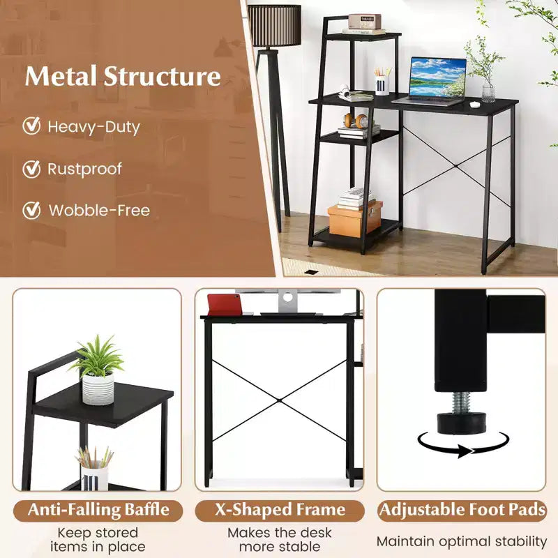 Bureau informatique Costway avec étagères Bureau d'étude avec bibliothèque Naturel/Marron