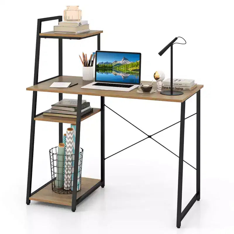 Bureau informatique Costway avec étagères Bureau d'étude avec bibliothèque Naturel/Marron