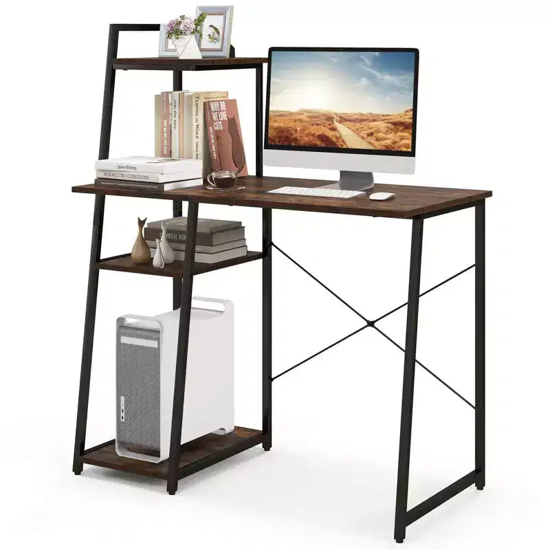 Bureau informatique Costway avec étagères Bureau d'étude avec bibliothèque Naturel/Marron