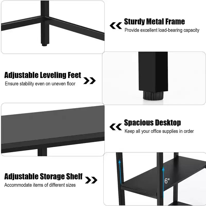 Costway Bureau informatique 47'' Table d'étude Poste de travail à domicile avec étagère réglable Noir rustique/Café/Marron