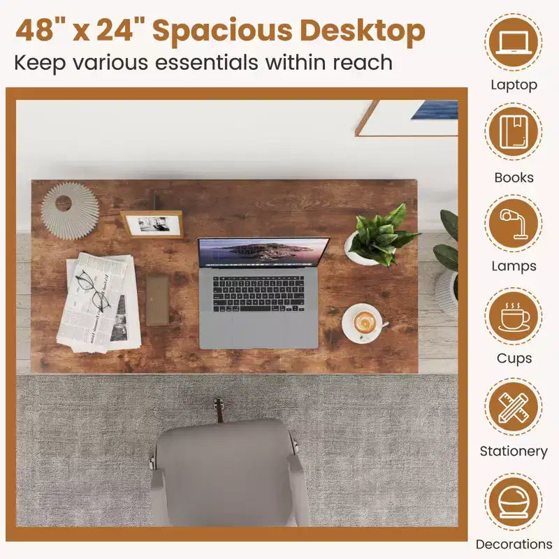 Costway Bureau informatique 47'' Table d'étude Poste de travail à domicile avec étagère réglable Noir rustique/Café/Marron