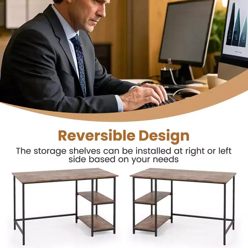 Costway Bureau informatique 47'' Table d'étude Poste de travail à domicile avec étagère réglable Noir rustique/Café/Marron