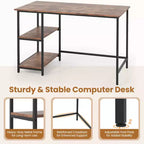 Costway Bureau informatique 47'' Table d'étude Poste de travail à domicile avec étagère réglable Noir rustique/Café/Marron
