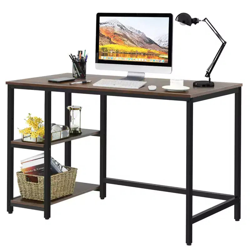 Costway Bureau informatique 47'' Table d'étude Poste de travail à domicile avec étagère réglable Noir rustique/Café/Marron
