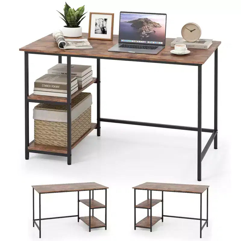 Costway Bureau informatique 47'' Table d'étude Poste de travail à domicile avec étagère réglable Noir rustique/Café/Marron