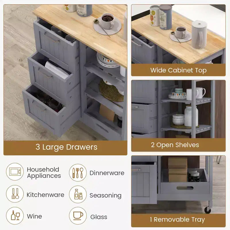 Meuble de cuisine roulant Costway avec 3 tiroirs de rangement et étagères Blanc/Noir/Gris
