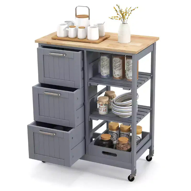 Meuble de cuisine roulant Costway avec 3 tiroirs de rangement et étagères Blanc/Noir/Gris