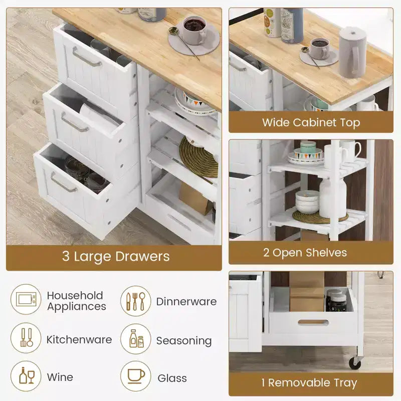 Meuble de cuisine roulant Costway avec 3 tiroirs de rangement et étagères Blanc/Noir/Gris