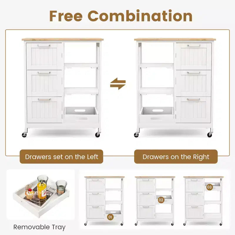 Meuble de cuisine roulant Costway avec 3 tiroirs de rangement et étagères Blanc/Noir/Gris