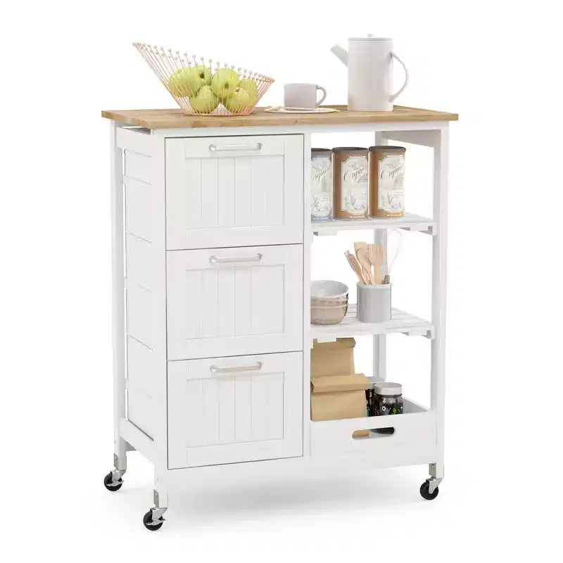 Meuble de cuisine roulant Costway avec 3 tiroirs de rangement et étagères Blanc/Noir/Gris