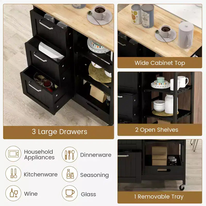 Meuble de cuisine roulant Costway avec 3 tiroirs de rangement et étagères Blanc/Noir/Gris