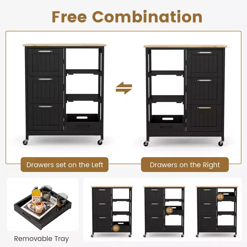 Meuble de cuisine roulant Costway avec 3 tiroirs de rangement et étagères Blanc/Noir/Gris