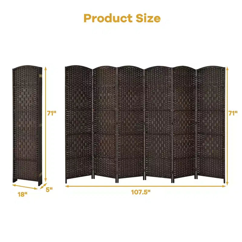 Costway Paravent 6 Panneaux 180cm Tressé en Fibre Pliant Séparateur de Pièce Brun/Noir