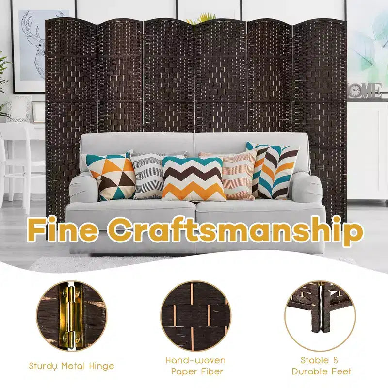Costway Paravent 6 Panneaux 180cm Tressé en Fibre Pliant Séparateur de Pièce Brun/Noir