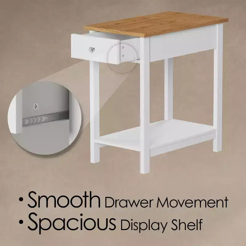Table d'appoint étroite Hastings Home avec tiroir et étagère de rangement - Blanc/Chêne miel