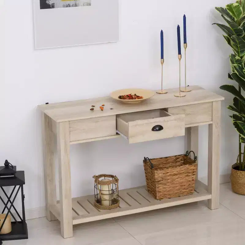 HOMCOM Table Console d'Entrée avec Tiroir de Rangement, Étagère Inférieure et Construction Robuste, Chêne Blanc