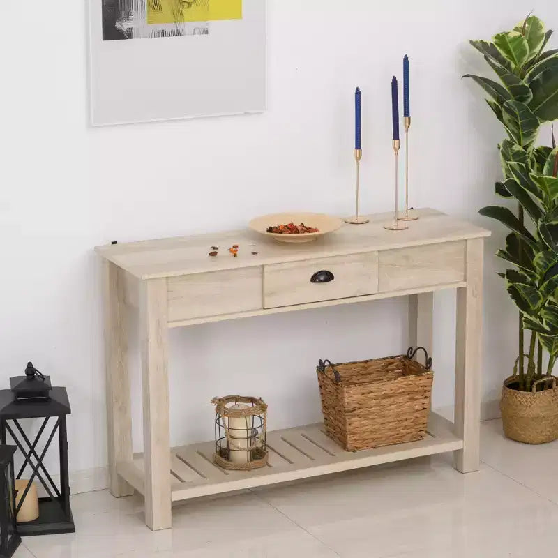 HOMCOM Table Console d'Entrée avec Tiroir de Rangement, Étagère Inférieure et Construction Robuste, Chêne Blanc