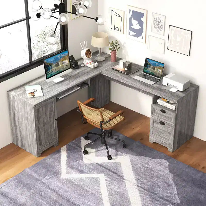 Bureau d'angle en forme de L Costway, table d'écriture, poste de travail avec tiroirs de rangement