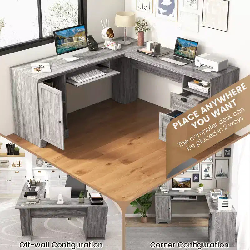 Bureau d'angle en forme de L Costway, table d'écriture, poste de travail avec tiroirs de rangement