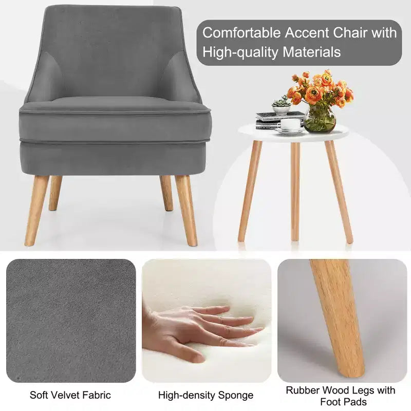Fauteuil d'appoint Costway en velours, fauteuil simple avec pieds en bois d'hévéa, rose/vert/gris
