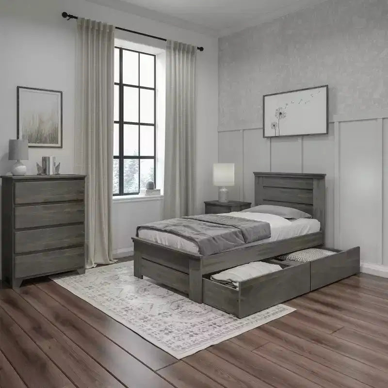 Lit double Max & Lily avec tiroirs de rangement, lit plateforme en bois massif pour enfants