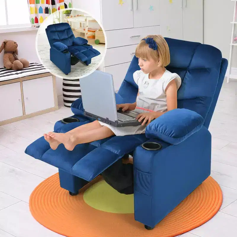 Fauteuil inclinable pour enfants Costway en velours avec porte-gobelet et poche latérale bleu/rose