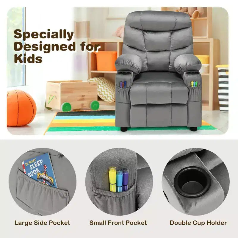 Fauteuil inclinable pour enfants Costway en velours avec porte-gobelet et poche latérale bleu/rose