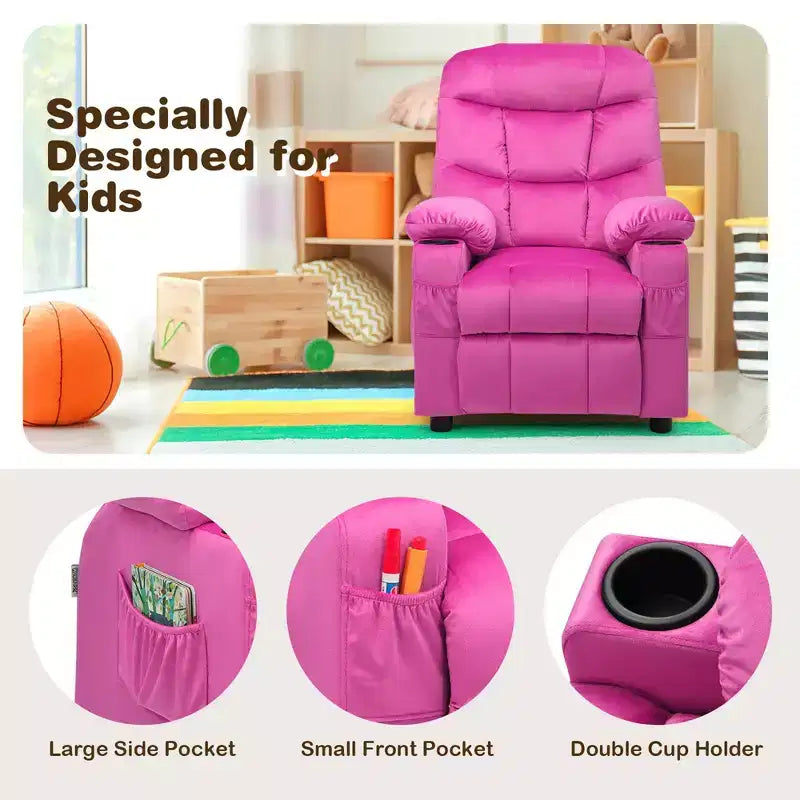 Fauteuil inclinable pour enfants Costway en velours avec porte-gobelet et poche latérale bleu/rose